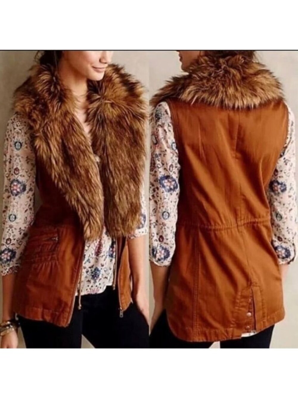 Anthropologie Hei Hei Brown Faux Fur Detachable Collar Cargo Vest Womens Medium